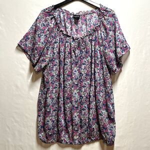 Torrid Floral Skulls‎ Print Loose Fit Short Sleeve Blouse Ruffle Neck Women's 3X